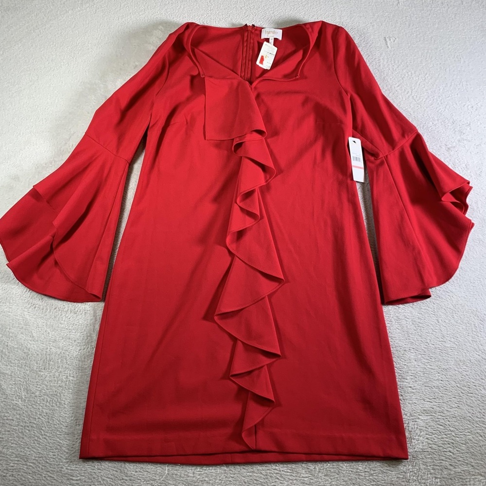 Laundry By Shelli Segal Dress Womens 10 Red Ruffle Bell Sleeve Sheath Party NEW